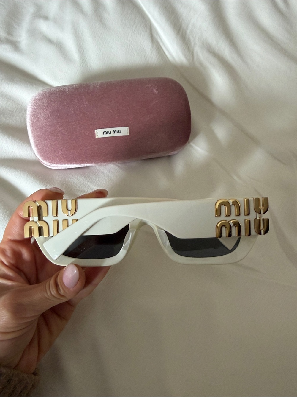 Miu Miu White Sunglasses with Gold Logo Accents - Picture 8 of 10